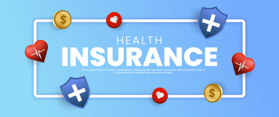blue health insurance banner design with document, shield, coin and cloud elements