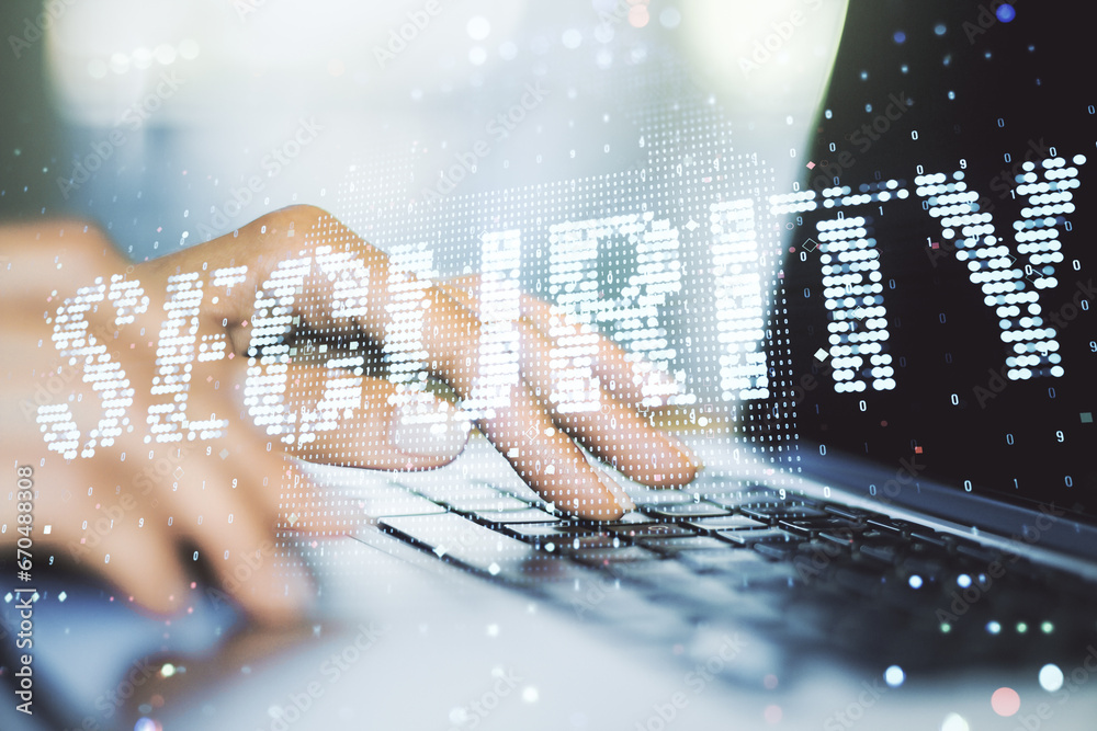 Aufkleber Cyber security creative concept with hands typing on computer keyboard on background. Double exposure
