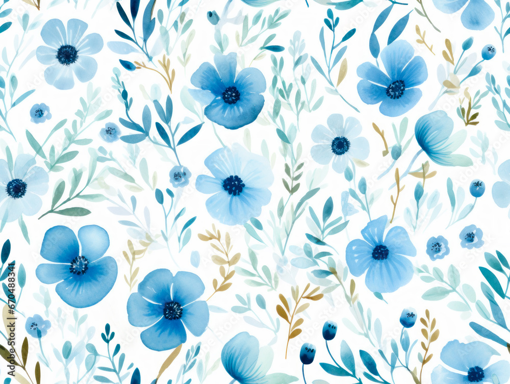 Wall mural Blue watercolor floral seamless pattern. Beautiful wild flowers blossom and leaves on white background for textile, linen, wallpaper design.