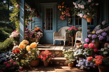  Charming front porch adorned with colorful flowers, Generative AI