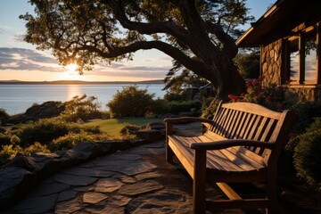 Front yard bench where one can sit and enjoy the view, Generative AI