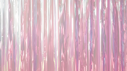 Pink holographic foil fringe, tinsel curtain for holidays party decoration. Sparkling background, neon trendy backdrop. - obrazy, fototapety, plakaty