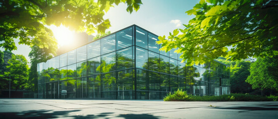 Sunlight bathes a modern glass office building amidst green foliage, showcasing sustainable architecture.
