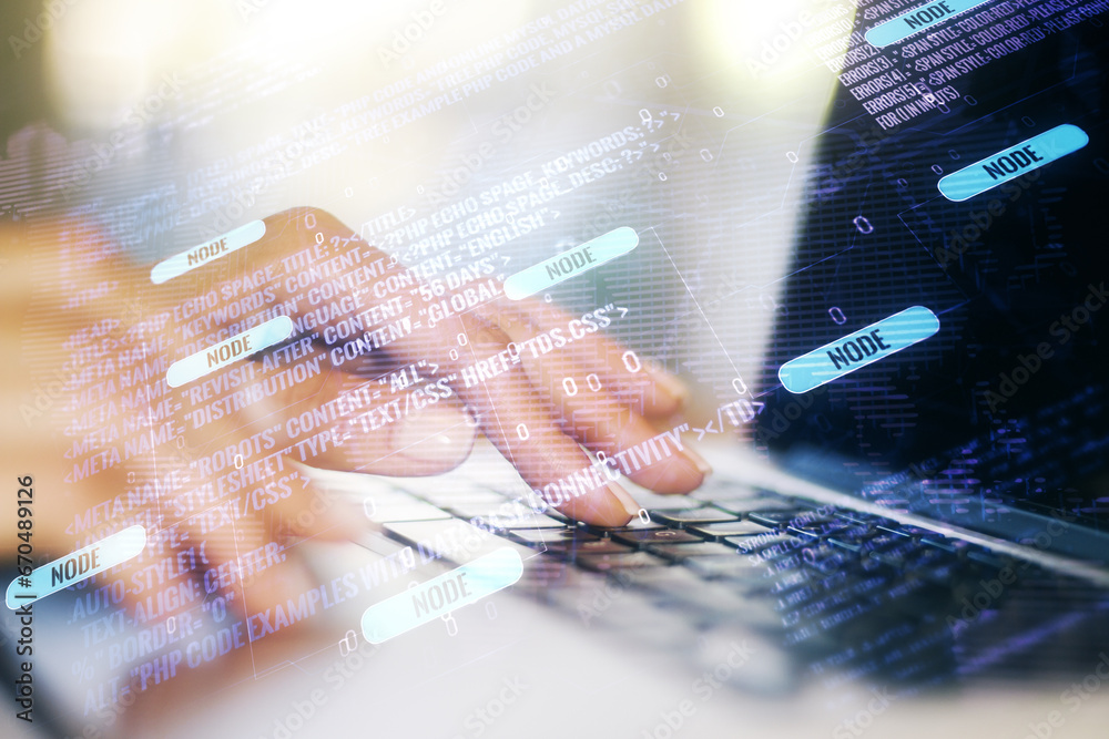 Poster double exposure of abstract programming language hologram with world map and hands typing on laptop 