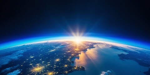 Panoramic view on planet Earth globe from space with rising sun. Glowing city lights, light clouds. Generative AI