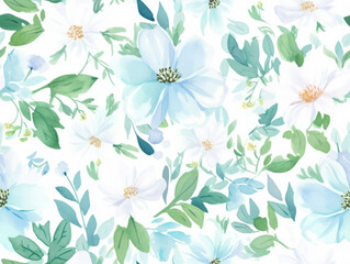 White watercolor flowers pattern, delicate wedding background. Pastel green leaves and painted rosehip flowers