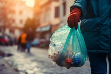 Woman with trash bag picking up plastic bottle at city street. Protect day care rubbish. Generate Ai