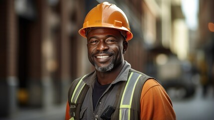 Fototapeta premium portrait of smiling african american male worker in orange safety helmet Generative AI