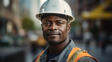 Portrait of african-american worker wearing safety helmet outdoors Generative AI