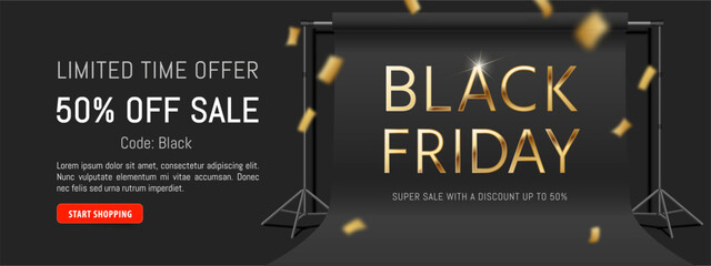 New Black Friday Sale horizontal banner with premium golden logo and minimal design. Limited time offer. 50% off sale. Website header with black, dark abstract background. Falling gold vector confetti