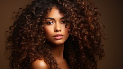 Fototapeta premium Beautiful african american woman with long curly hair. Studio shot. Generative AI