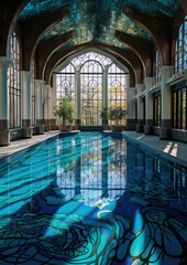 indoor pool in a beautiful old building with stained glass windows, hotel, sanatorium, designer house, villa, vacation, spa, lifestyle, turquoise water, tiles, sun light