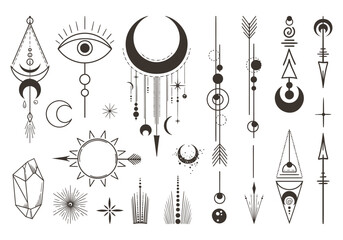 Mystical moon and sun, sacred geometric shapes, crystal and eye symbols, abstract magic unreal composition for print, black and white hand drawn isolated design element in vector