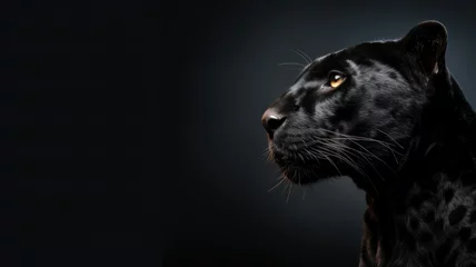 Fototapeten Closeup of a black panthers head on black background created with Generative AI © mg photo