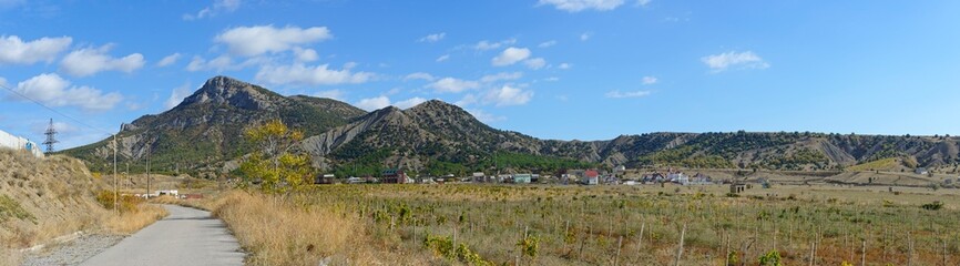 Fototapeta na wymiar Panoramic view towards Ai-Georgiy mountain near Sudak, Crimea, Russia.