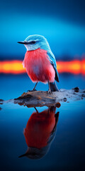 a blue bird standing in the water, bold colors, strong lines, dark gray and red, exotic, saturated color field