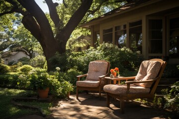 Obraz premium Front yard with a cozy reading nook under a shady tree, Generative AI