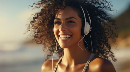 Beautiful young african american woman listening to music with headphones on the beach. Generative AI - Powered by Adobe