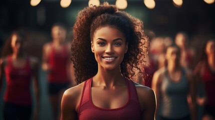 fitness, sport, training, gym and lifestyle concept - smiling african american woman in sportswear over gym background Generative AI