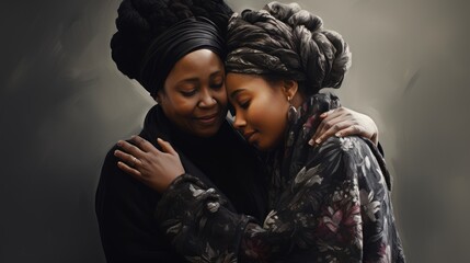 African American women in shawl and headscarf hugging each other Generative AI - obrazy, fototapety, plakaty