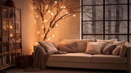 Festive Illumination in Cozy Living Room with Decorated Christmas Tree generated by AI tool 