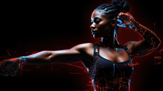Digital composite of Fitness woman with pain in her arm against black background Generative AI