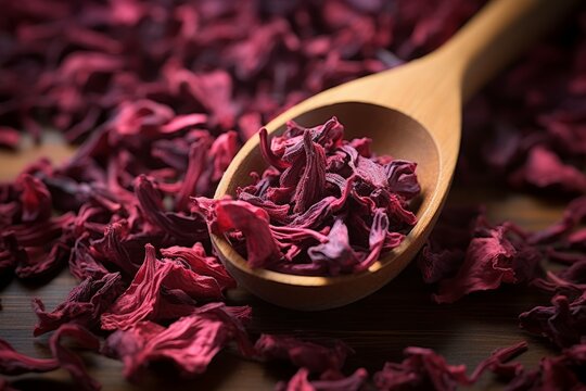 Wooden spoon with dry hibiscus tea. Nature rose fruit herbal organic. Generate Ai
