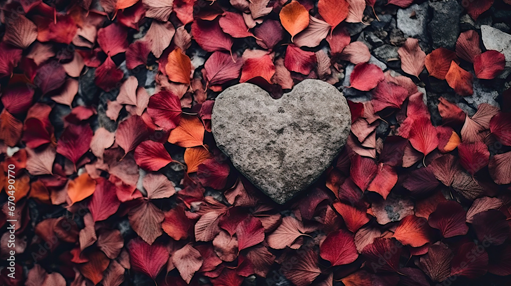 Wall mural a heart-shaped stone autumn fall leaves background