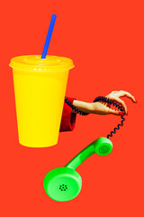Bright paper cup for drinks to go with blue straw and hand with retro phone on red background. Contemporary art collage. Poster. Food concept