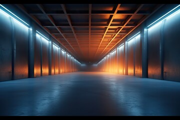 Industrial Large Hangar Garage Spotlights Orange Blue Glowing Empty Warehouse Tunnel Corridor Concrete Floor With Columns background