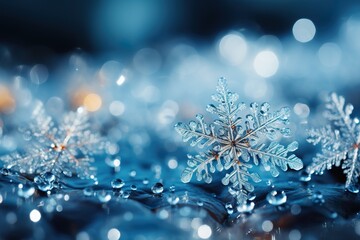 close up of snowflakes, winter blue background