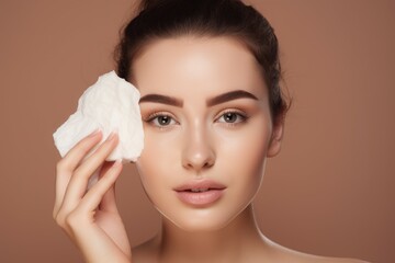 Young beauty woman cleaning her face with cotton pad. Healthy treatment of natural cosmetic makeup. Generate Ai