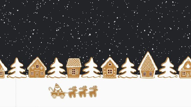 Christmas animation. Gingerbread village. Fairytale winter landscape. Gingerbread houses and fir trees on dark blue background. Santa Claus rides on deer past gingerbread houses