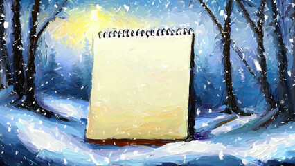 A greeting card with a snowy forest