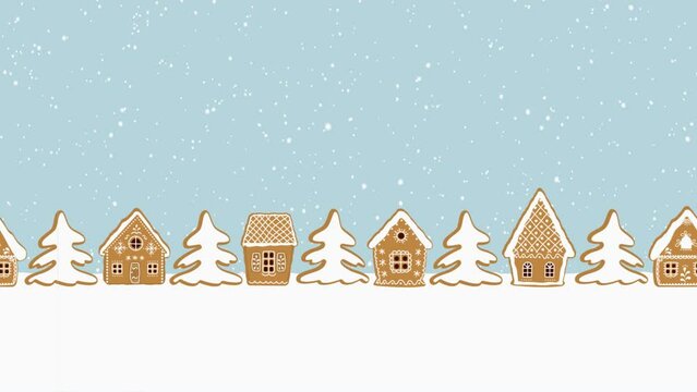 Christmas animation. Gingerbread village. Fairytale winter landscape. Gingerbread houses and fir trees floating past on light blue background