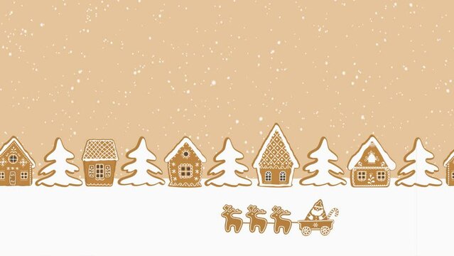 Christmas animation. Gingerbread village. Fairytale winter landscape. Gingerbread houses and fir trees on caramel background. Santa Claus rides on deer past gingerbread houses