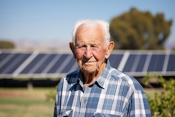 Un vieil homme devant des panneaux solaires - obrazy, fototapety, plakaty