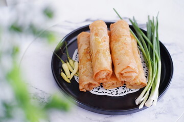 Lumpia or lunpia, traditional snacks from Semarang, Central Java, Indonesia. Traditional spring roll