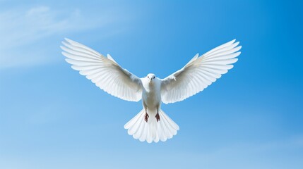 A solitary white bird takes flight against a clear blue sky, capturing a moment of freedom and beauty.