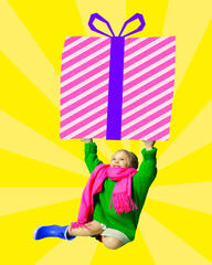 Little happy smiling girl, baby, child holding giant present box over yellow background. Contemporary art collage. Concept of birthday