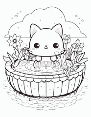 Cute creepy kawaii coloring page for kids with vintage floral, Black and white illustration