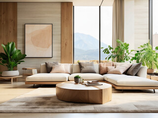 Simple and modern furniture with bright colors, decorative panels, and wooden tables.