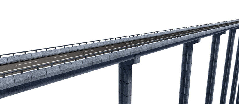 View of a highway over a concrete bridge isolated on empty background. 3D Rendering