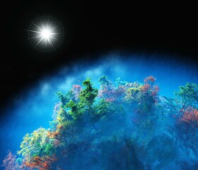 Star rising over blue planet, eco planet, 3d rendering