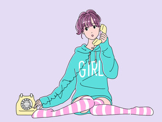 電話をする80年代アニメ風の女の子