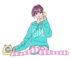 電話をする80年代アニメ風の女の子
