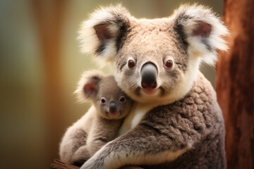 Koala mother with her baby on the background of the nature. - Powered by Adobe
