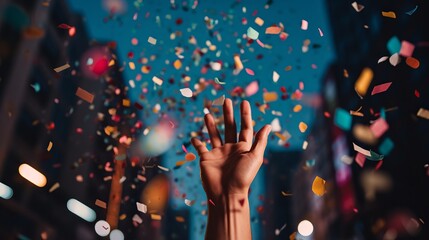 A hand reaches for confetti in a dark room with festive lights.New Year themed greetings - obrazy, fototapety, plakaty