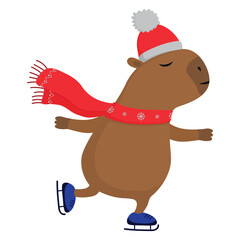 Cute capybara skating. Funny cartoon animal. Vector illustration isolated on white background