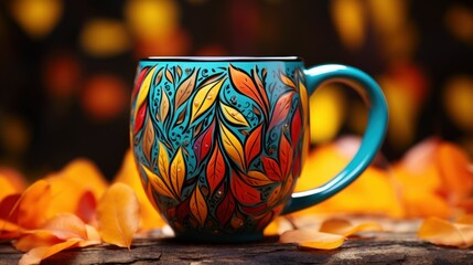 Vintage porcelain teacup, antique tea coffee cup mug, Teacup, Beautiful Autumn leaves, Perfect Gold, Ornate Handle, outdoor, nature background - obrazy, fototapety, plakaty